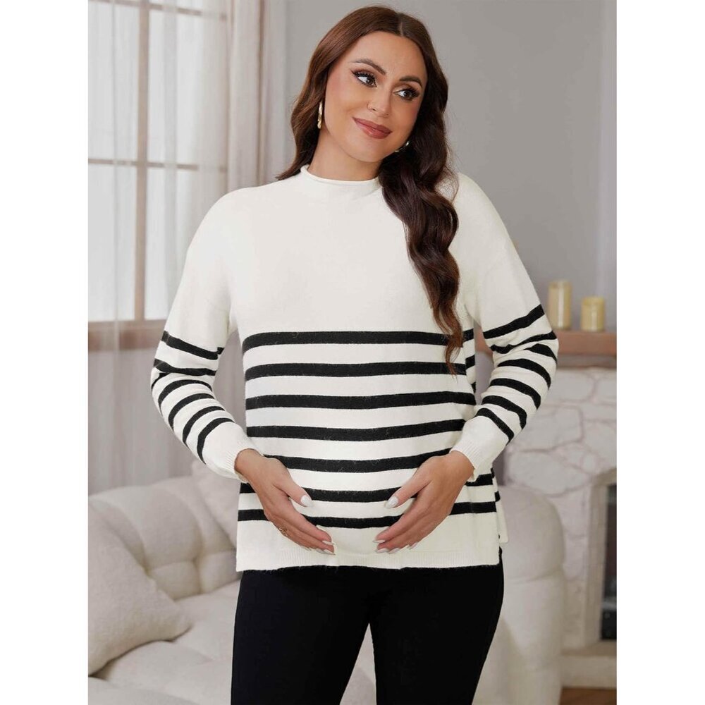 Womens Maternity Sweater Winter Top Striped Long Sleeve Relaxed Fit - Picture 5 of 7